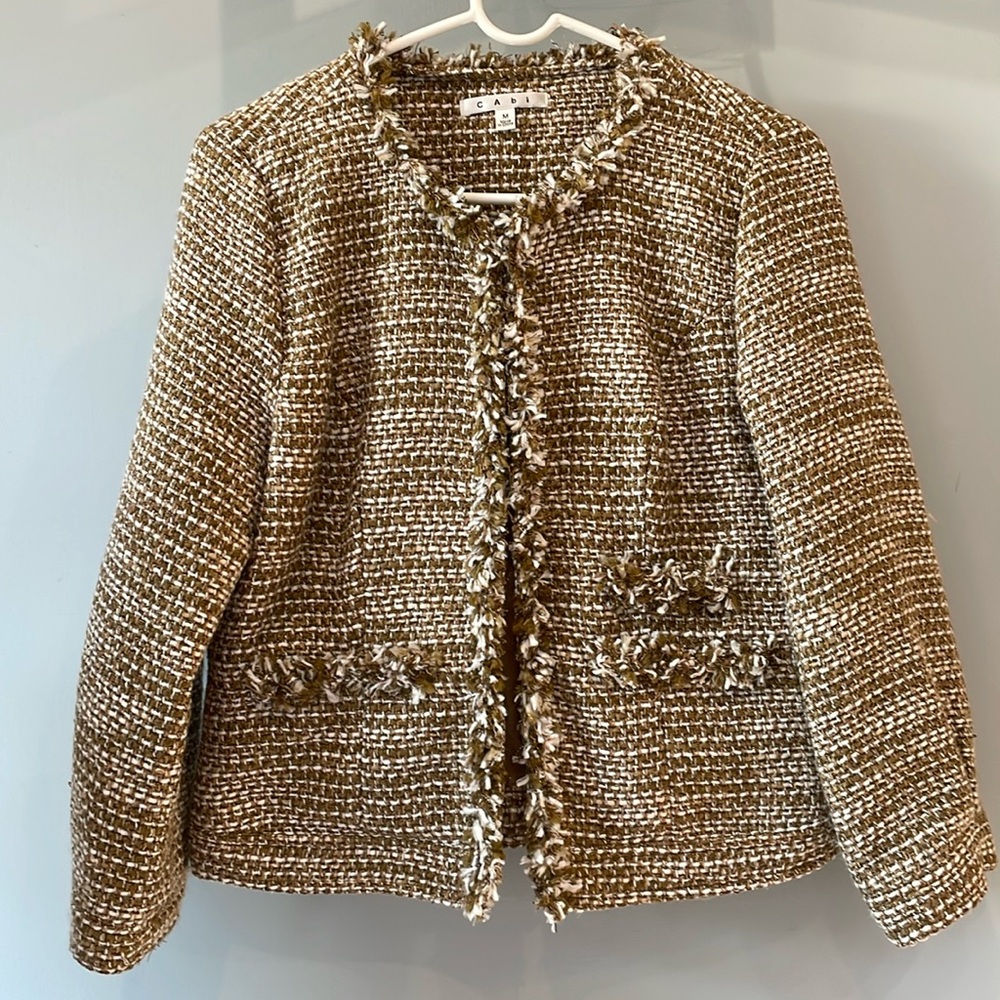 CAbi Tweed Fringed Jacket in Brown and Cream
